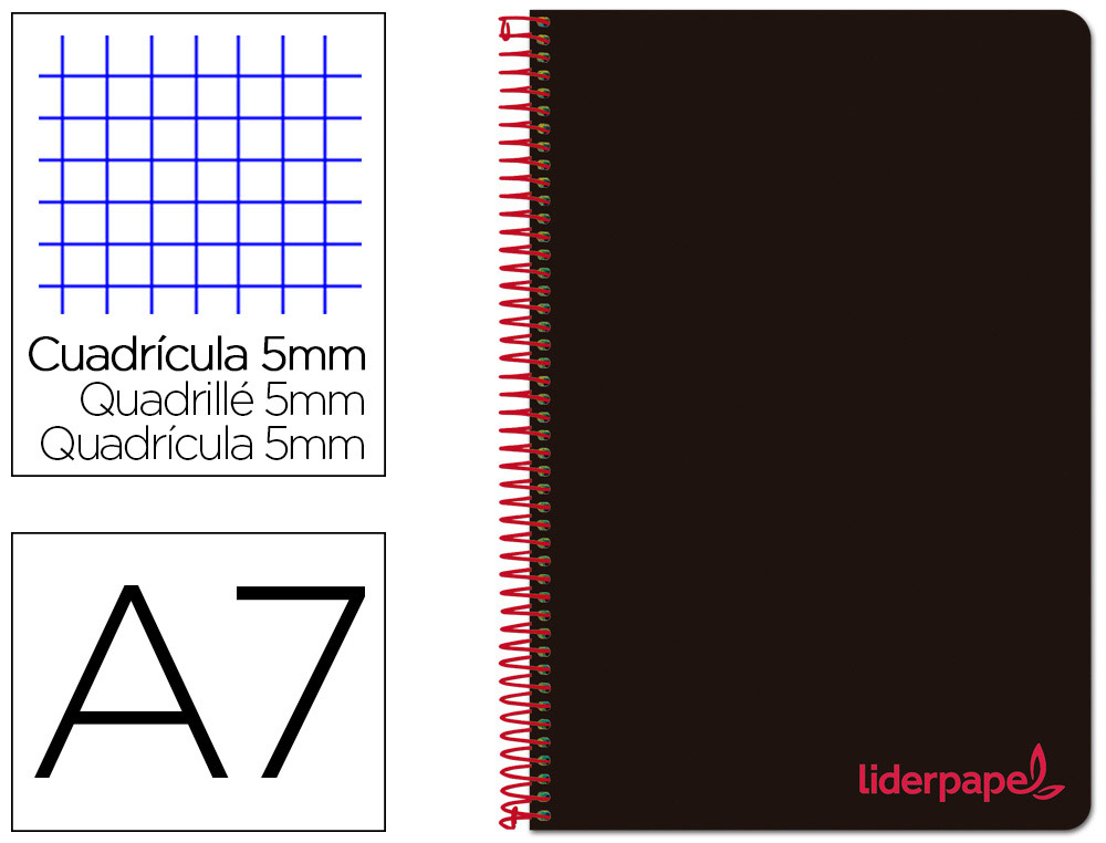 CADERNO ESPIRAL LIDERPAPEL WONDER MICRO DIN A7 CAPA PLASTICO 100 F 90 GR QUADRICULA 5MM 4 BANDAS DE CORES COR PRETO