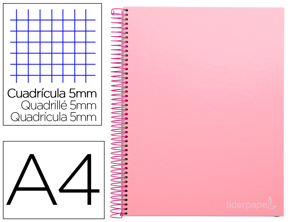 CADERNO ESPIRAL LIDERPAPEL JOLLY MICRO DIN A4 CAPA FORRADA 140 F 75 GR QUADRICULA 5MM 5 BANDAS DE CORES 4 FUROS COR ROSA