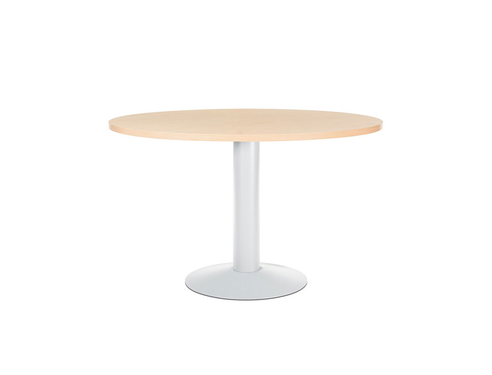 MESA DE REUNIAO ROCADA MEETING 3006ATW01 ESTRUTURA COLUNA ACO BRANCO TABULEIRO EM MADEIRA FAIA 120 CM DIAMETRO