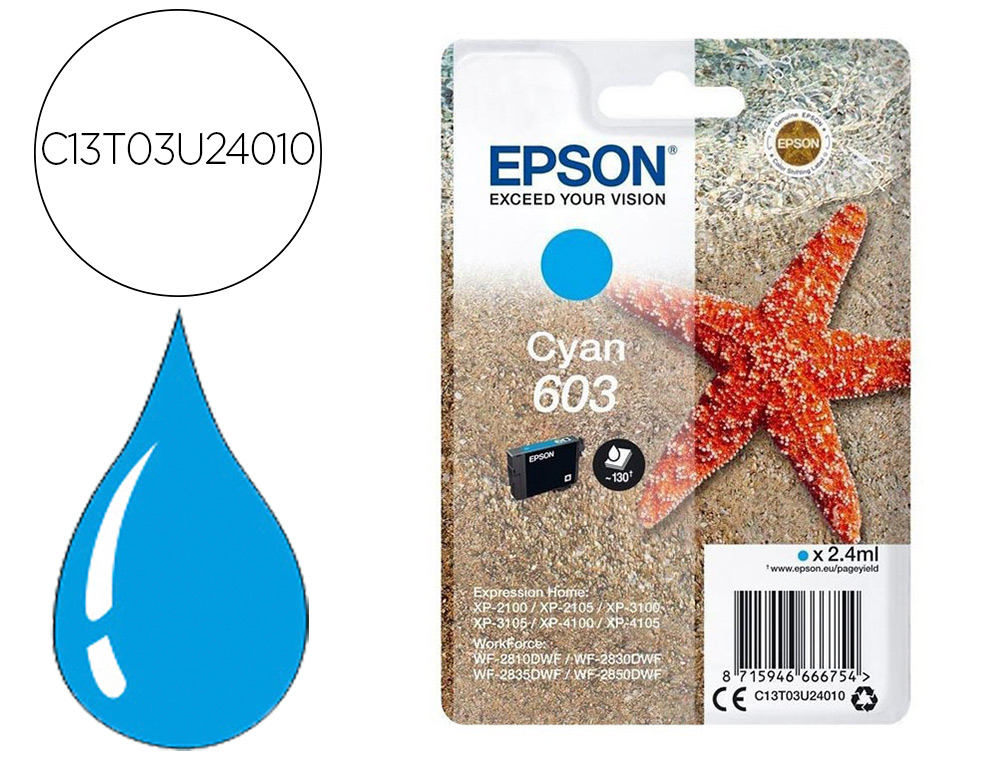 TINTEIRO EPSON 603 XP-2100 / 2105 / 3100 / 4100 / WF-2810 / 2830 / 2835 / 2850 CIAN 130 PAGINAS