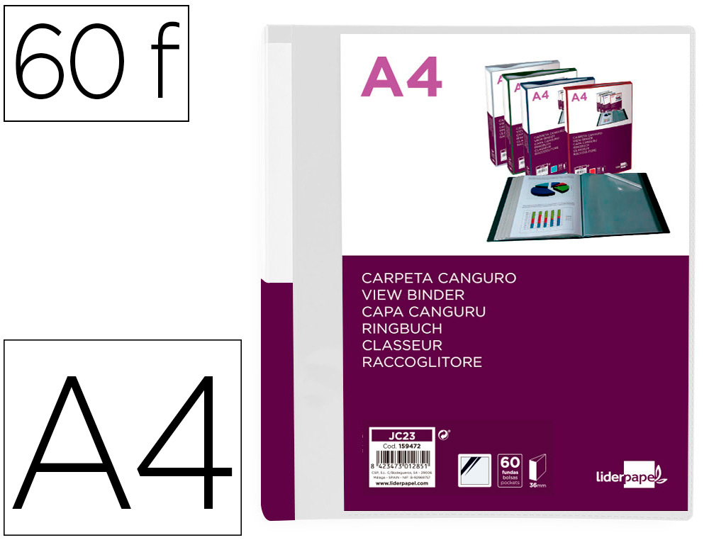 PASTA CANGURU LIDERPAPEL 60 BOLSAS POLIPROPILENO DIN A4 TRANSPARENTE CAPA E LOMBADA PERSONALIZAVEL