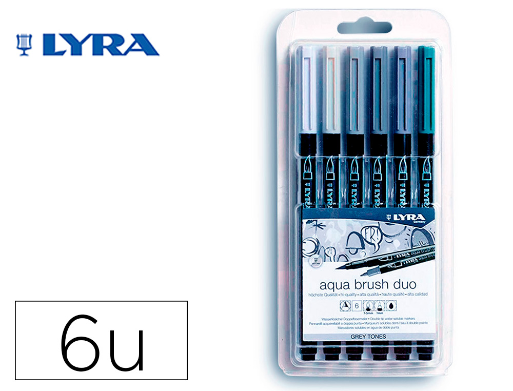 MARCADOR LYRA AQUA BRUSH AGUARELAVEL DUPLA PONTA E PINCEL TONS CINZAS BLISTER DE 6 UNIDADES SORTIDAS