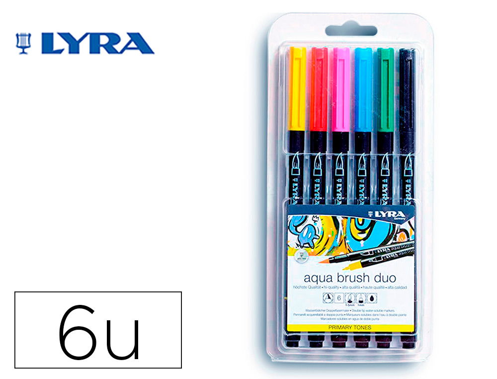 MARCADOR LYRA AQUA BRUSH AGUARELAVEL DUPLA PONTA E PINCEL TONS PRIMARIOS BLISTER DE 6 UNIDADES SORTIDAS