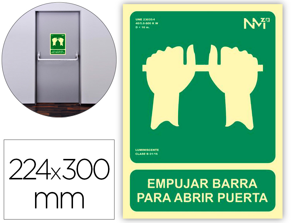 PICTOGRAMA ARCHIVO 2000 EMPURRAR BARRA PARA ABRIR PORTA PVC VERDE LUMINISCENTE 224X300 MM
