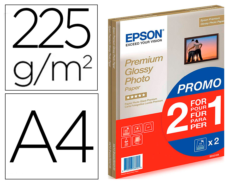 PAPEL FOTOGRAFICO EPSON PREMIUN GLOSSY PHOTO ACETINADO DIN A4 PROMO 2 X 15 FOLHAS 225 GR