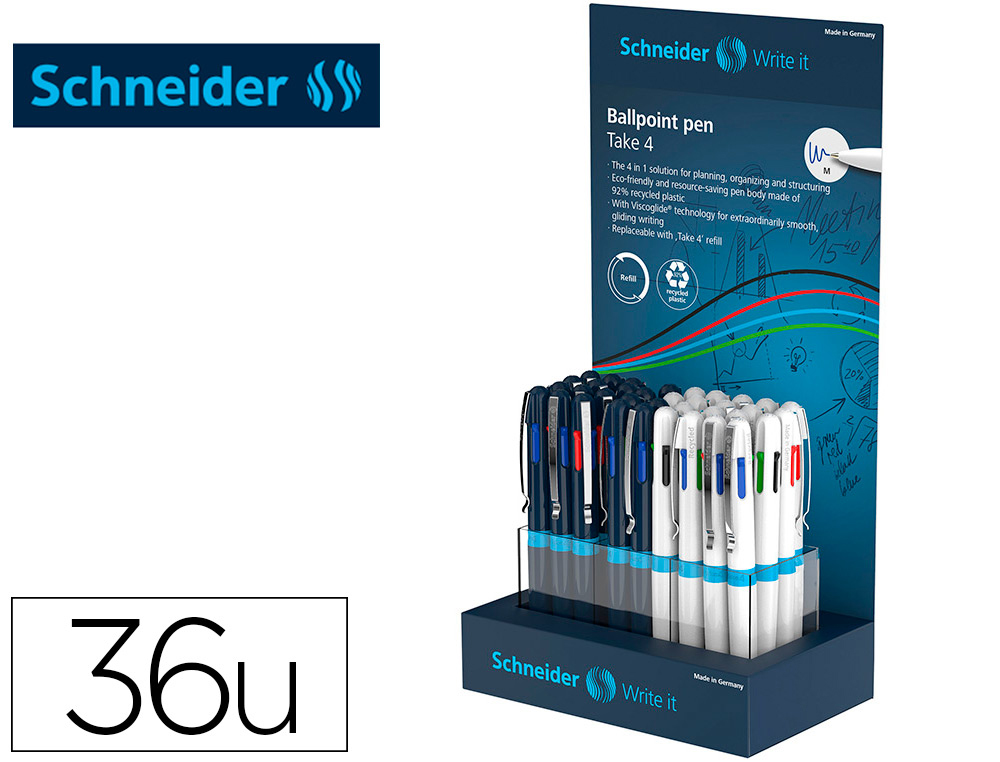 ESFEROGRAFICA SCHNEIDER TAKE 4 RECICLADO 92% QUATRO CORES EXPOSITOR DE 36 UNIDADES 160X100X305 MM