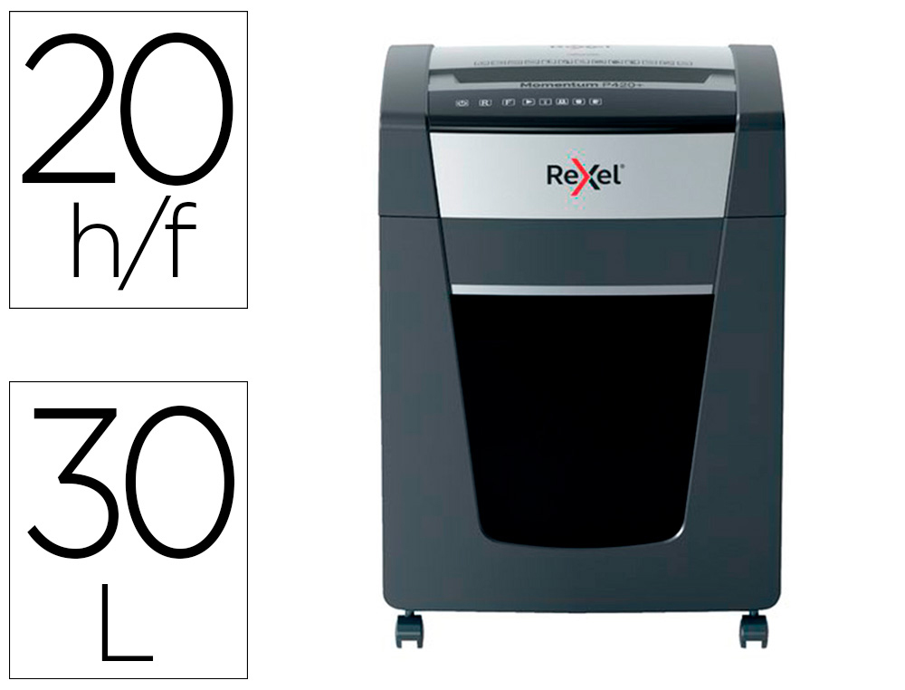 DESTRUIDORA DE DOCUMENTOS REXEL MOMENTUM EXTRA P420+ CAPACIDADE CORTE 20 F P4 DESTROI AGRAFES CLIPS CD E CARTOES 30 L