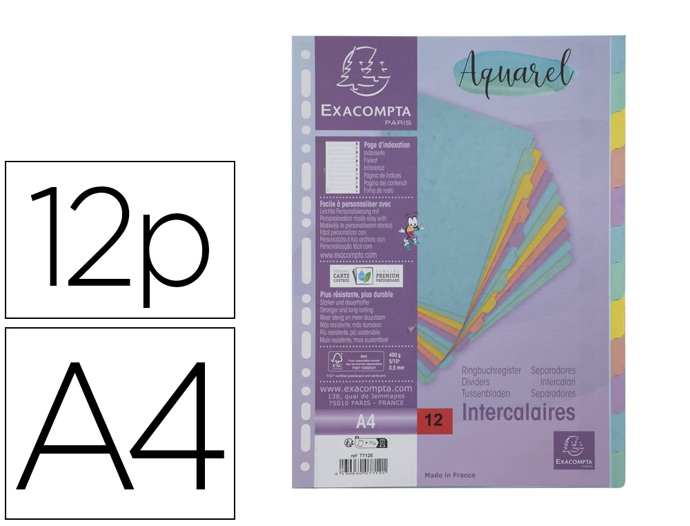 SEPARADOR EXACOMPTA AQUAREL CARTOLINA LUSTRADA CONJUNTO DE 12 SEPARADORES DIN A4 CORES PASTEL