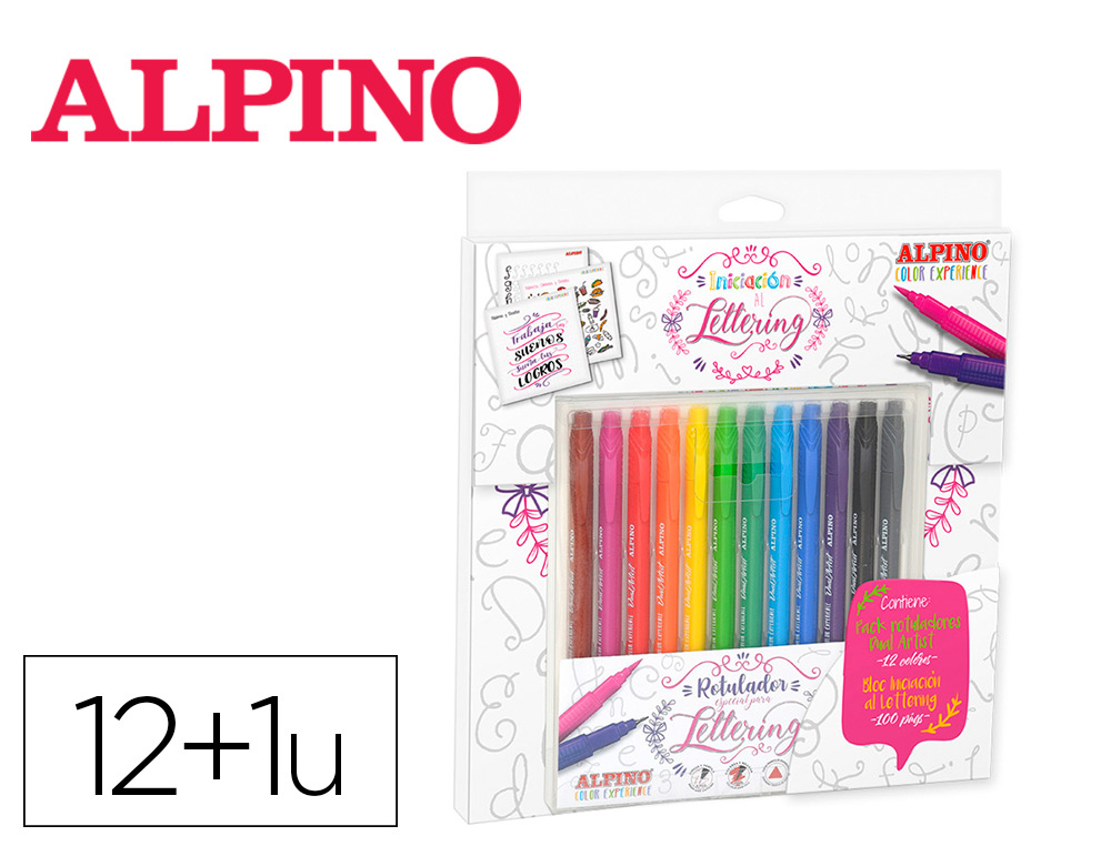 CONJUNTO DE DESENHO ALPINO INICIACAO AO LETTERING 12 MARCADORES PONTA FINA E PONTA PINCEL CORES SORTIDAS + LIVRO GUIA