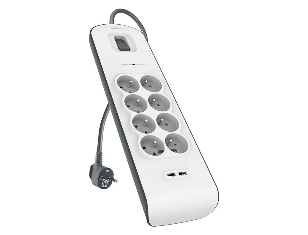 EXTENSAO BELKIN BSV804VF2M PROTECAO CONTRA SOBRECARGAS 8 TOMADAS + 2 PORTAS USB (2,4 A) BOTAO LIG. E DESL. COR BRANCO/CI
