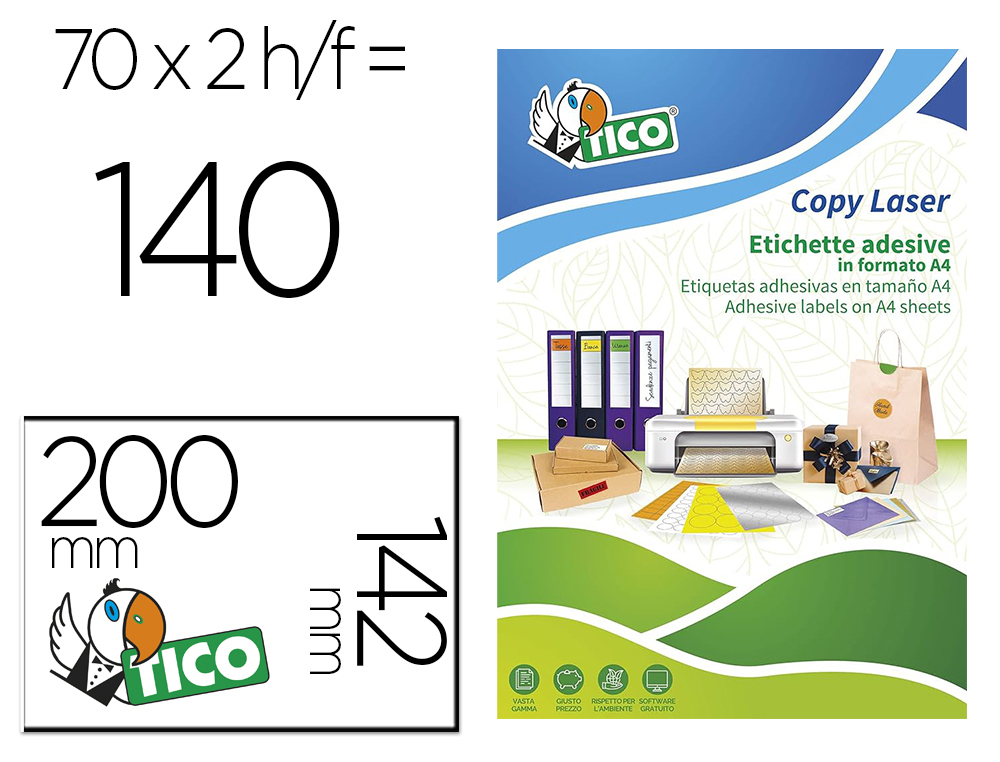 ETIQUETA ADESIVA TICO VERMELHO FLUOR PERMANENTE CERTIFICADO FSC LASER/JATO TINTA/FOTOCOPIA 200X142 MM CAIXA 140 UDS