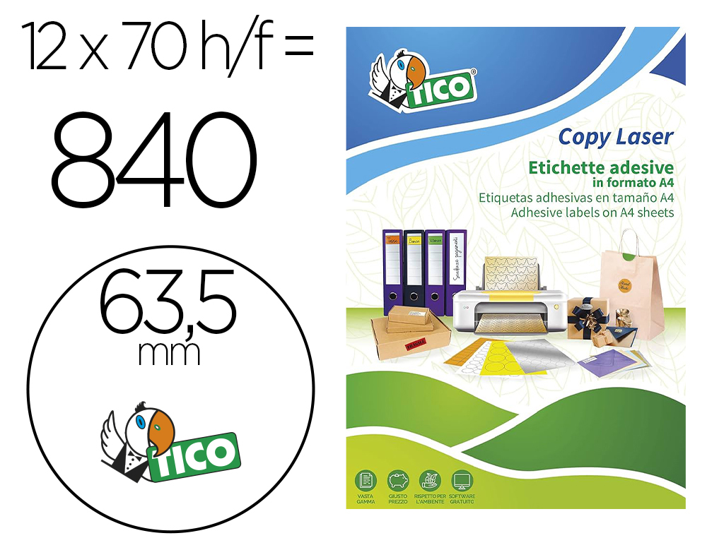 ETIQUETA ADESIVA TICO AMARELO FLUOR PERMANENTE CERTIFICADO FSC LASER/JATO TINTA/FOTOCOPIA 63,5 MM CAIXA 840 UDS