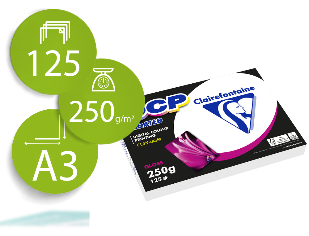 PAPEL FOTOCOPIA COLOR DCP COATED GLOSSY DIN A3 250 GR EMBALAGEM 125 FOLHAS