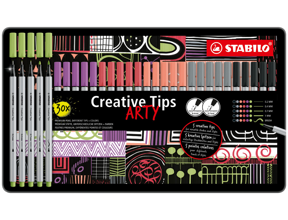 MARCADOR STABILO CREATIVE TIPS ARTY LINE CLASSIC 5 PONTAS DIFERENTES POR COR ESTOJO METALICO DE 30 UNIDADES CORES PASTEL