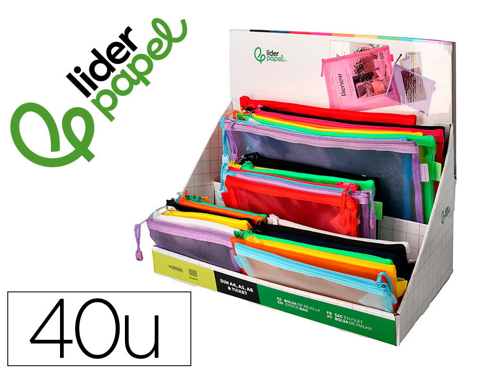 BOLSA COM FECHO DE CORRER LIDERPAPEL POLIESTER TRANSPIRAVEL MULTIUSOS EXPOSITOR DE 40 UNIDADES TAMANHOS E CORES SORTIDAS