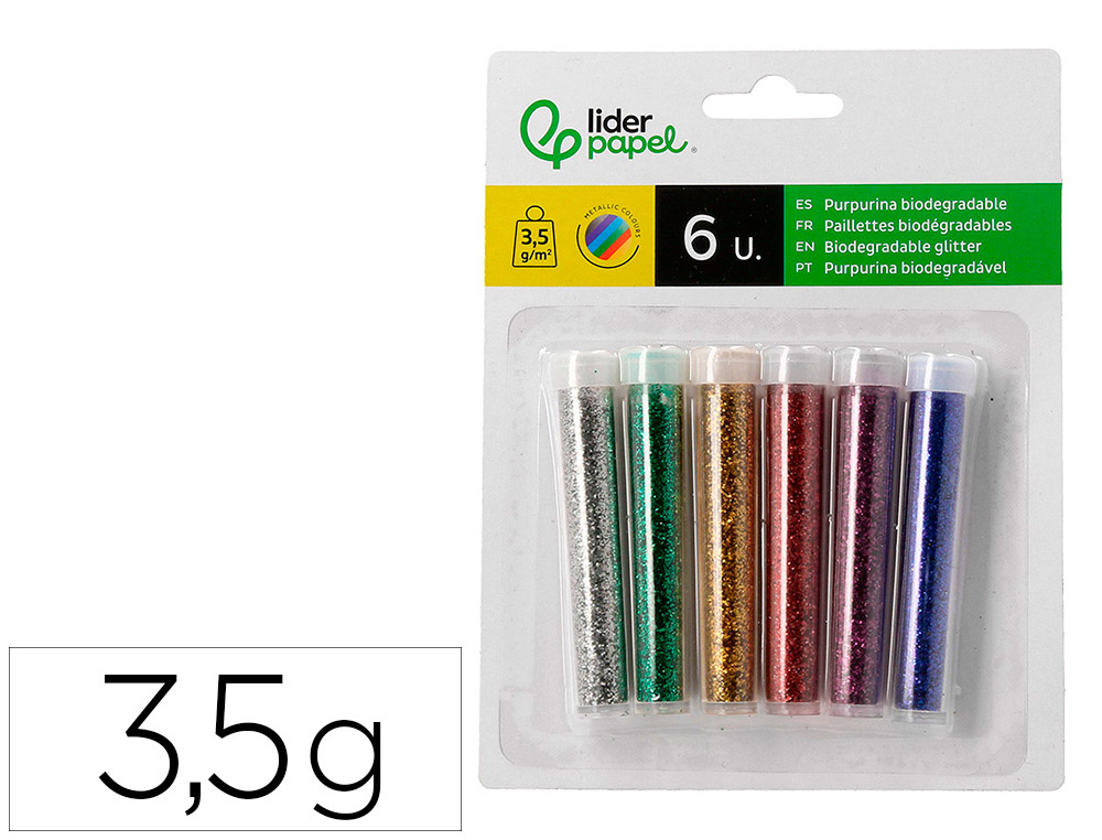 PURPURINA LIDERPAPEL BIODEGRADAVEL FANTASIA FRASCO DE 3,5 GR CORES METALICAS SORTIDAS BLISTER DE 6 UNIDADES