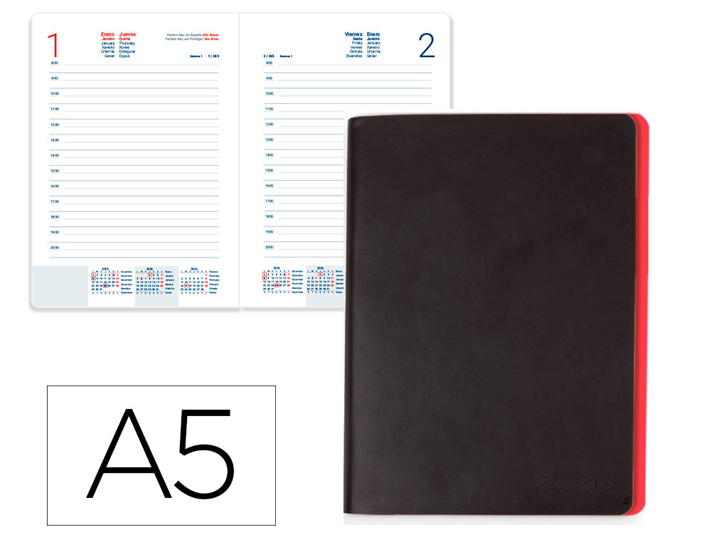 AGENDA ENCADERNADA LIDERPAPEL SIFNOS A5 2026 DIA PAGINA VERMELHO PAPEL 70 GR FSC