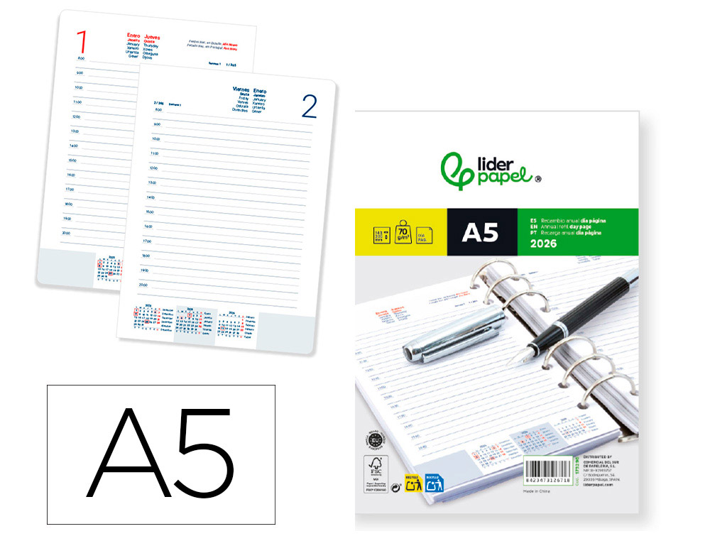 RECARGA AGENDA ANEIS LIDERPAPEL 148X205 MM DIN A5 2026 DIA PAGINA PAPEL 70 GR FSC