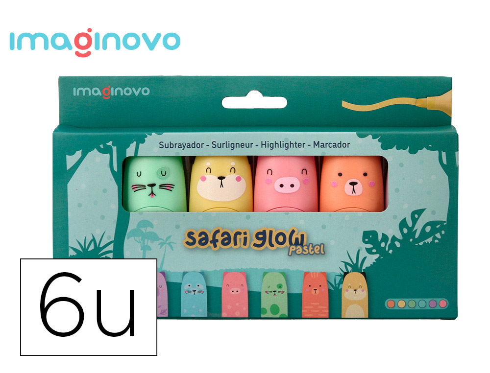 MARCADOR FLUORESCENTE IMAGINOVO SAFARI GLOW PASTEL ANIMAIS CAIXA 6 UNIDADES SORTIDAS