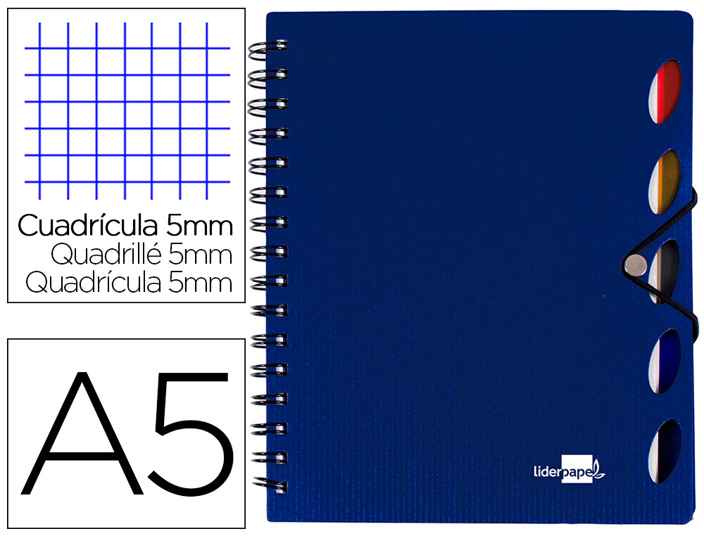 CADERNO ESPIRAL LIDERPAPEL A5 MICRO EXECUTIVE CAPA PLASTICO 100 F 80 GR QUADRICULA 5MM 5 SEPARADORES COM ELASTICO AZUL