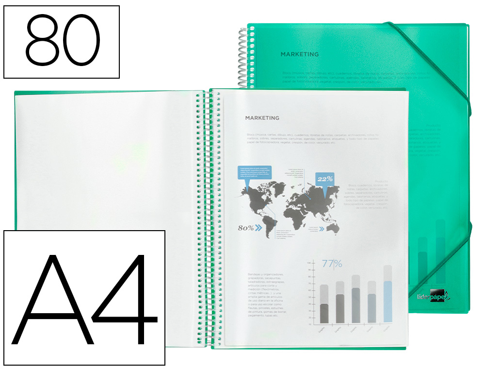 CAPA CATALOGO LIDERPAPEL COM ESPIRAL 80 BOLSAS POLIPROPILENO DIN A4 VERDE