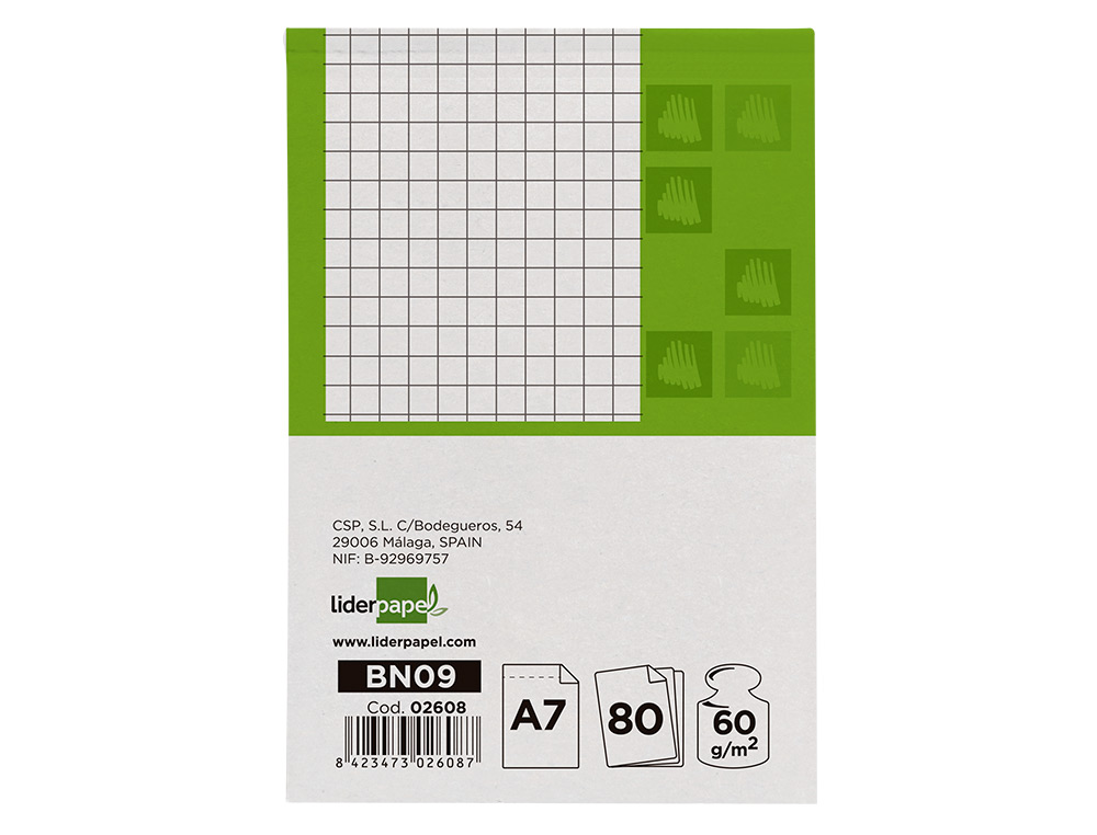 BLOCO DE APONTAMENTOS LIDERPAPEL DIN A7 80 F QUADRICULADO