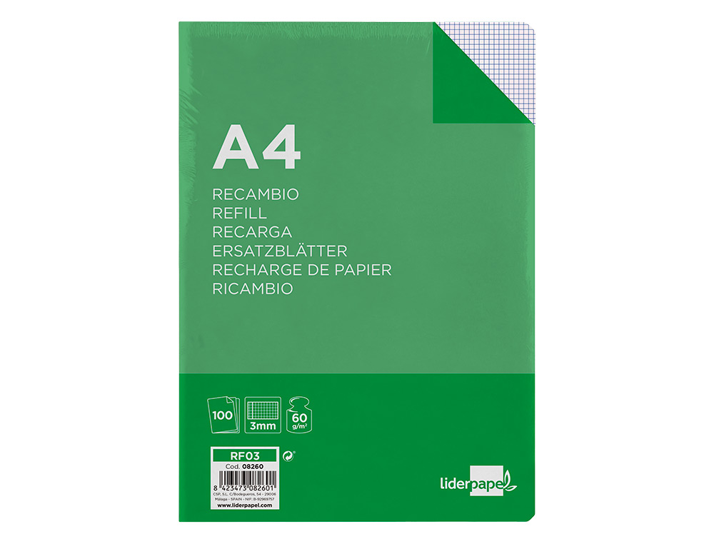 RECARGA LIDERPAPEL FOLIO 100 F 4TF-06 QUADRICULADO 3 MM 4 FUROS COM MARGEM