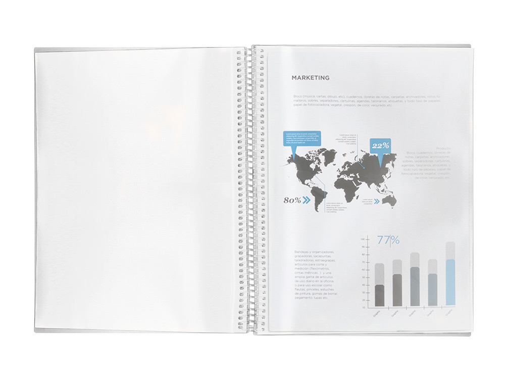 CAPA CATALOGO LIDERPAPEL COM ESPIRAL 20 BOLSAS POLIPROPILENO DIN A4 TRANSPARENTE