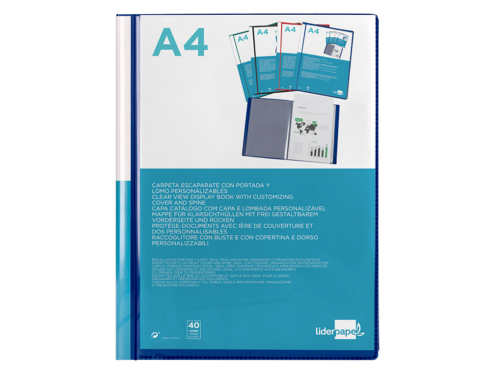 CAPA CATALOGO LIDERPAPEL 40 BOLSAS DIN A4 AZUL TRANSLUCIDO