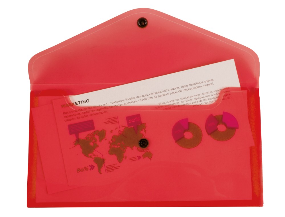 BOLSA PORTA DOCUMENTOS LIDERPAPEL COM FECHO DE MOLA FORMATO 26X14 CM COR VERMELHO TRANSLUCIDO