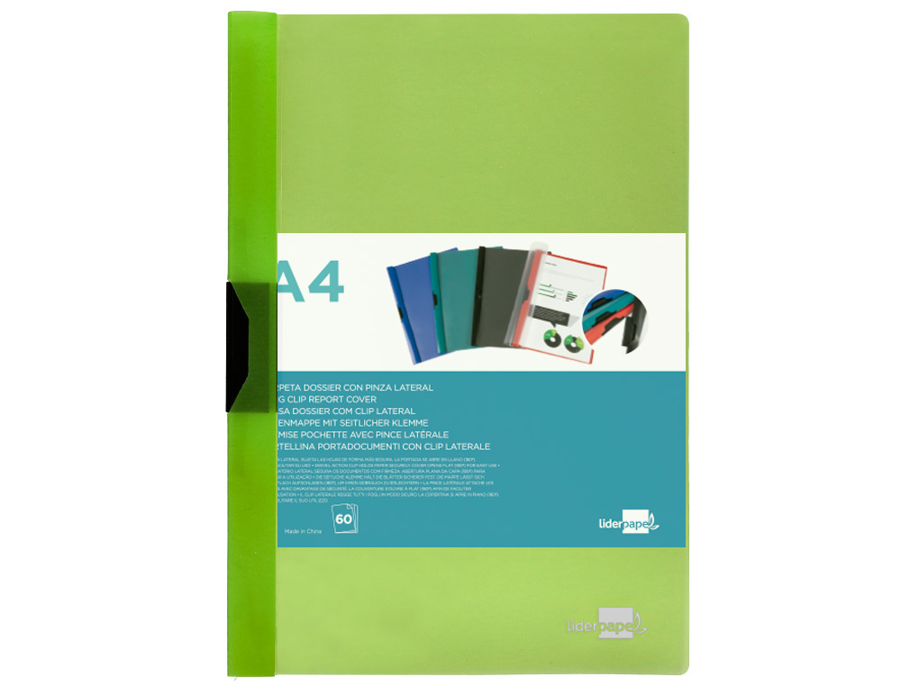 BOLSA DOSSIER LIDERPAPEL COM CLIP LATERAL DIN A4 VERDE TRANSLUCIDO 60 FOLHAS