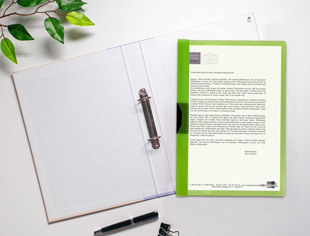 BOLSA DOSSIER LIDERPAPEL COM CLIP LATERAL DIN A4 VERDE TRANSLUCIDO 60 FOLHAS