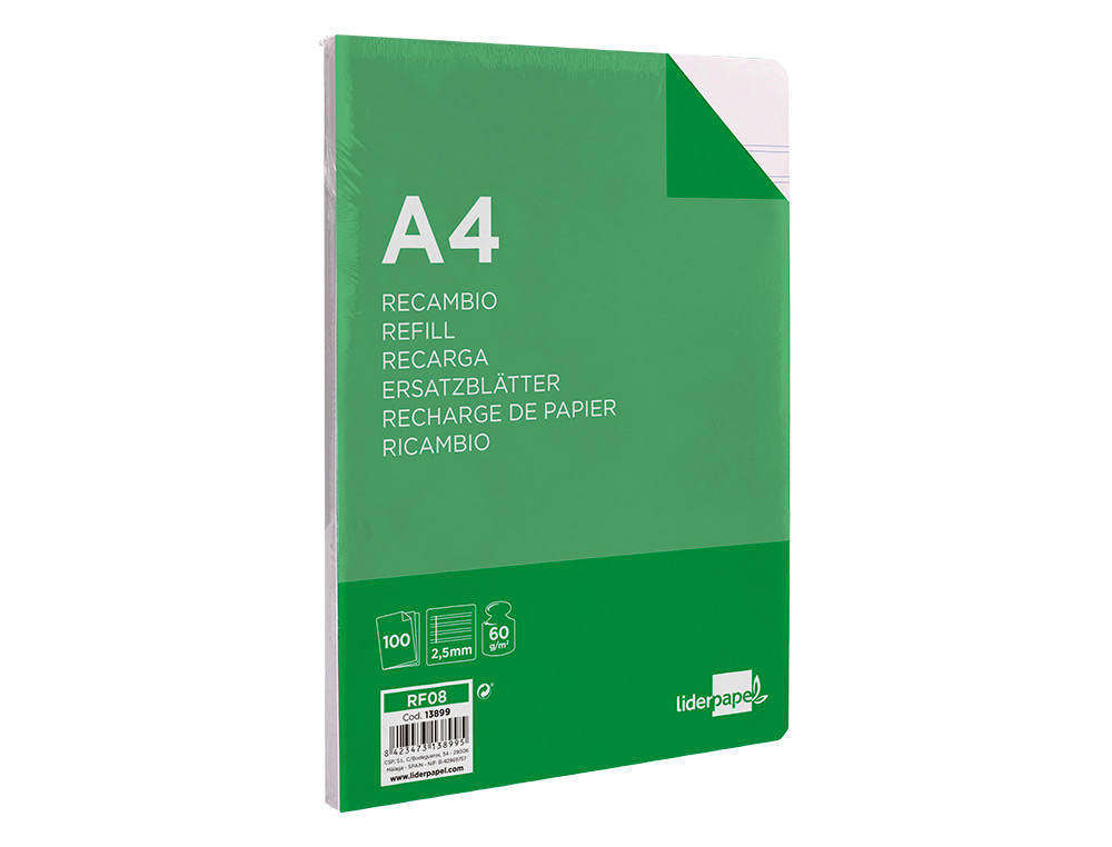 RECARGA LIDERPAPEL FOLIO 100 F 4TF-03 2 RAYAS PAUTA ESTRECHA 4 FUROS COM MARGEM