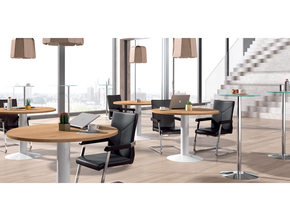 MESA DE REUNIAO ROCADA MEETING 3005ATW04 ESTRUTURA COLUNA ACO BRANCO TABULEIRO EM MADEIRA BRANCO 100 CM DIAMETRO
