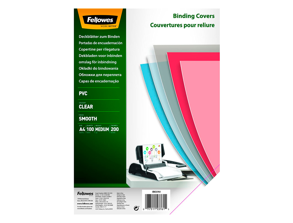 CAPA DE ENCADERNACAO FELLOWES PVC DIN A3 TRANSPARENTE 200 MICRONS PACK DE 100 UNIDADES