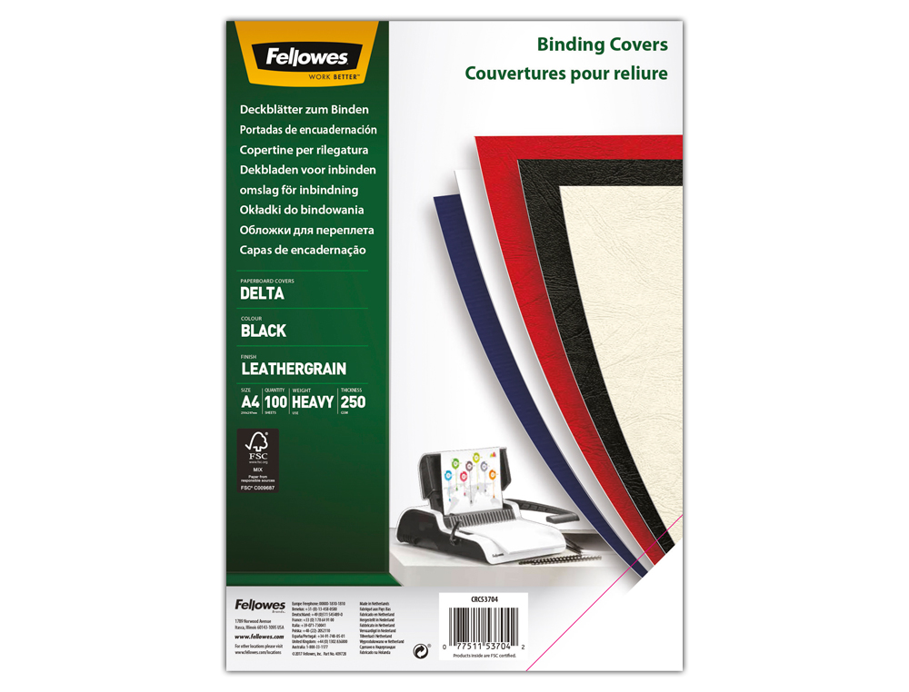 CAPA DE ENCADERNACAO FELLOWES CARTAO DIN A4 A IMITAR PELE PRETA DELTA 250 GR PACK DE 100 UNIDADES