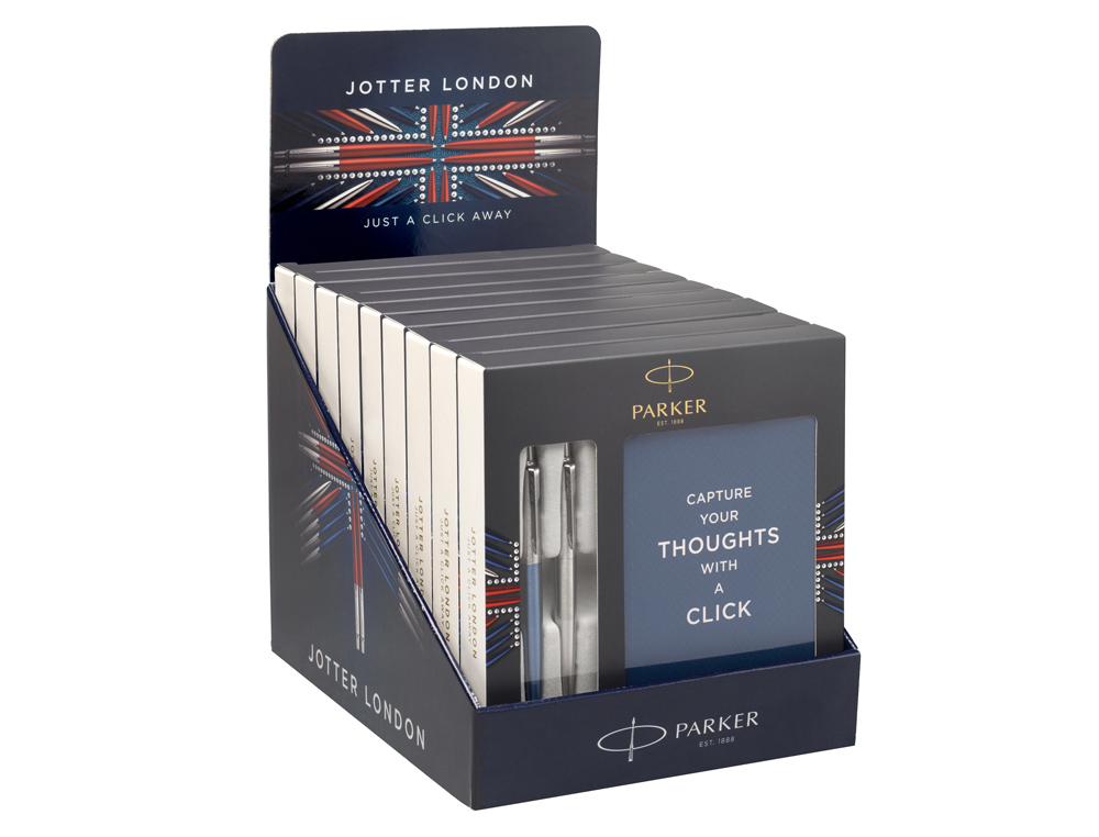 ESFEROGRAFICA PARKER JOTTER ACO + AZUL + BLOCO EXPOSITOR DE 9 CONJUNTOS DE OFERTA