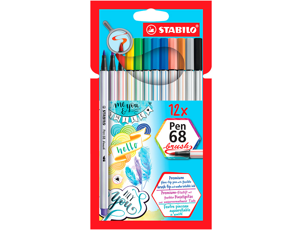 MARCADOR STABILO AGUARELAVEL PEN 68 BRUSH PONTA PINCEL ESTOJO DE 12 UNIDADES CORES SORTIDAS