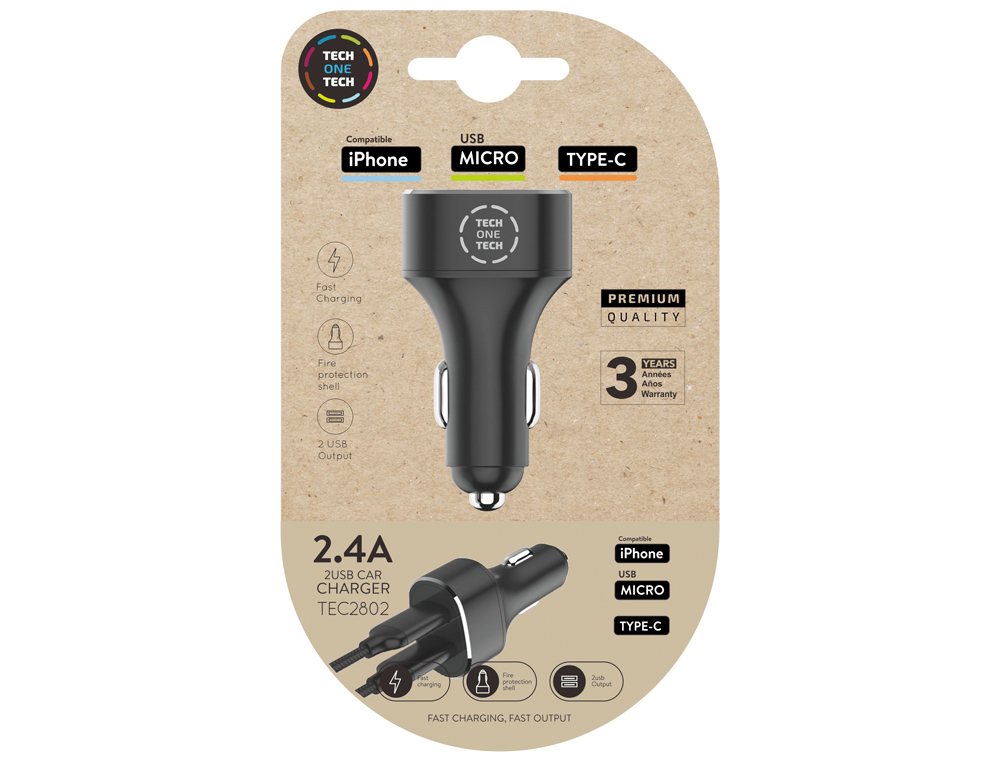 CARREGADOR TECH ONE TECH 2.4 CARRO DUPLO PARA IPHONE / USB MICRO / TYPE-C COR PRETO