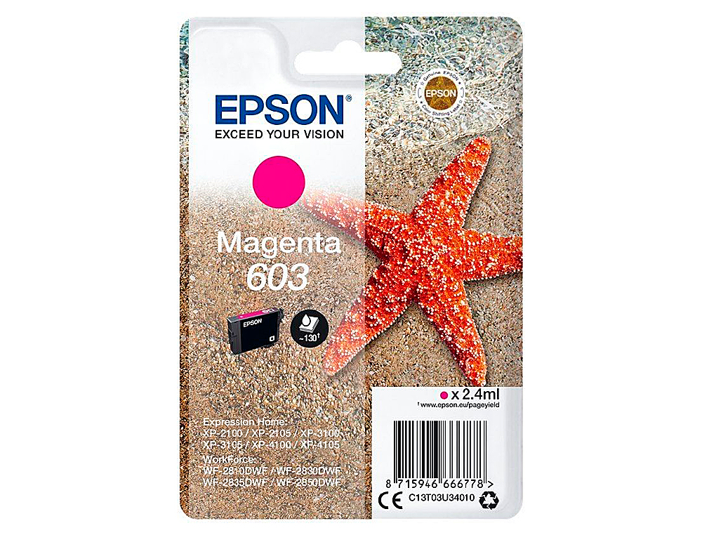 TINTEIRO EPSON 603 XP-2100 / 2105 / 3100 / 4100 / WF-2810 / 2830 / 2835 / 2850 MAGENTA 130 PAGINAS