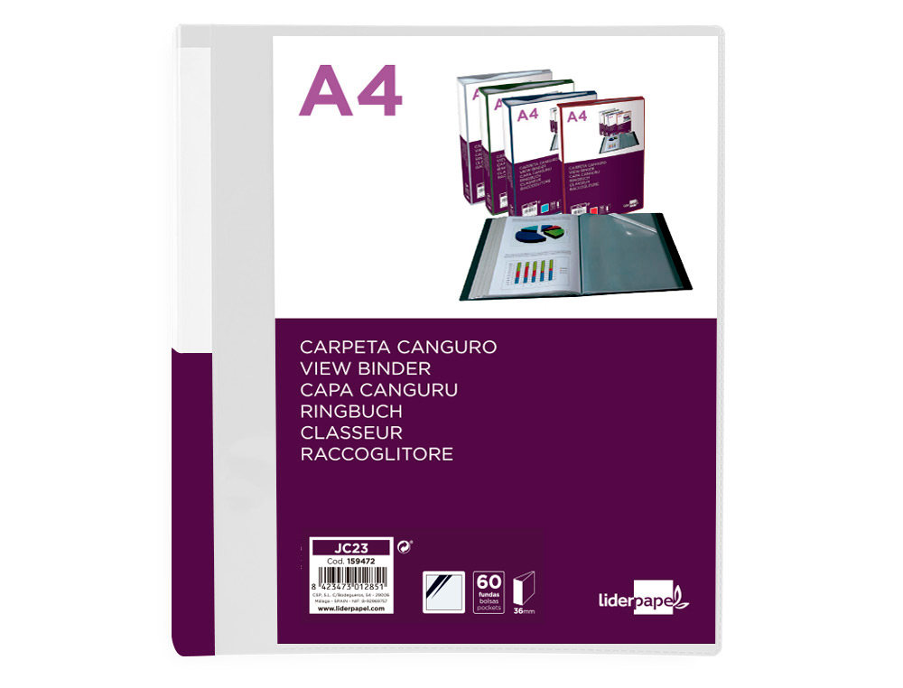 PASTA CANGURU LIDERPAPEL 60 BOLSAS POLIPROPILENO DIN A4 TRANSPARENTE CAPA E LOMBADA PERSONALIZAVEL