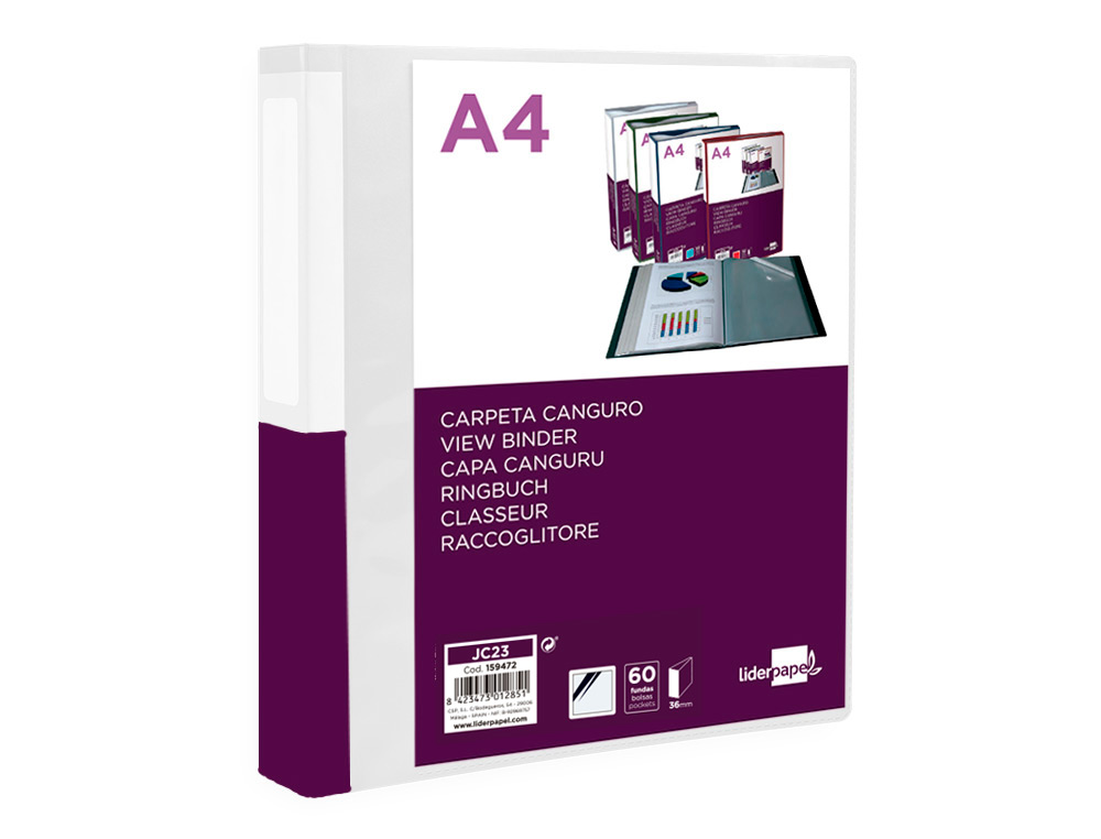 PASTA CANGURU LIDERPAPEL 60 BOLSAS POLIPROPILENO DIN A4 TRANSPARENTE CAPA E LOMBADA PERSONALIZAVEL