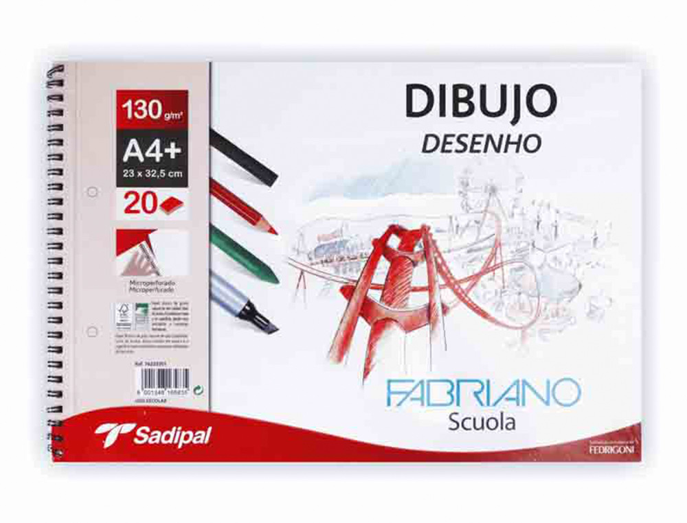 BLOCO DE DESENHO SADIPAL FABRIANO DIN A4+ ESPIRAL 20 FOLHAS 2 FUROS 130G/M2 GRAO SUAVE MICROPERFURADO LISO
