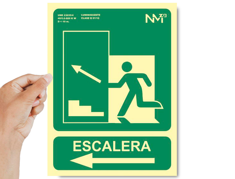 PICTOGRAMA ARCHIVO 2000 SAIDA EMERGENCIA ESCADA SUBIR ESQUERDA PVC VERDE LUMINISCENTE 224X300 MM