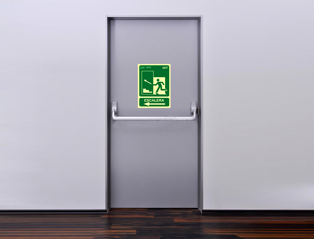 PICTOGRAMA ARCHIVO 2000 SAIDA EMERGENCIA ESCADA SUBIR ESQUERDA PVC VERDE LUMINISCENTE 224X300 MM