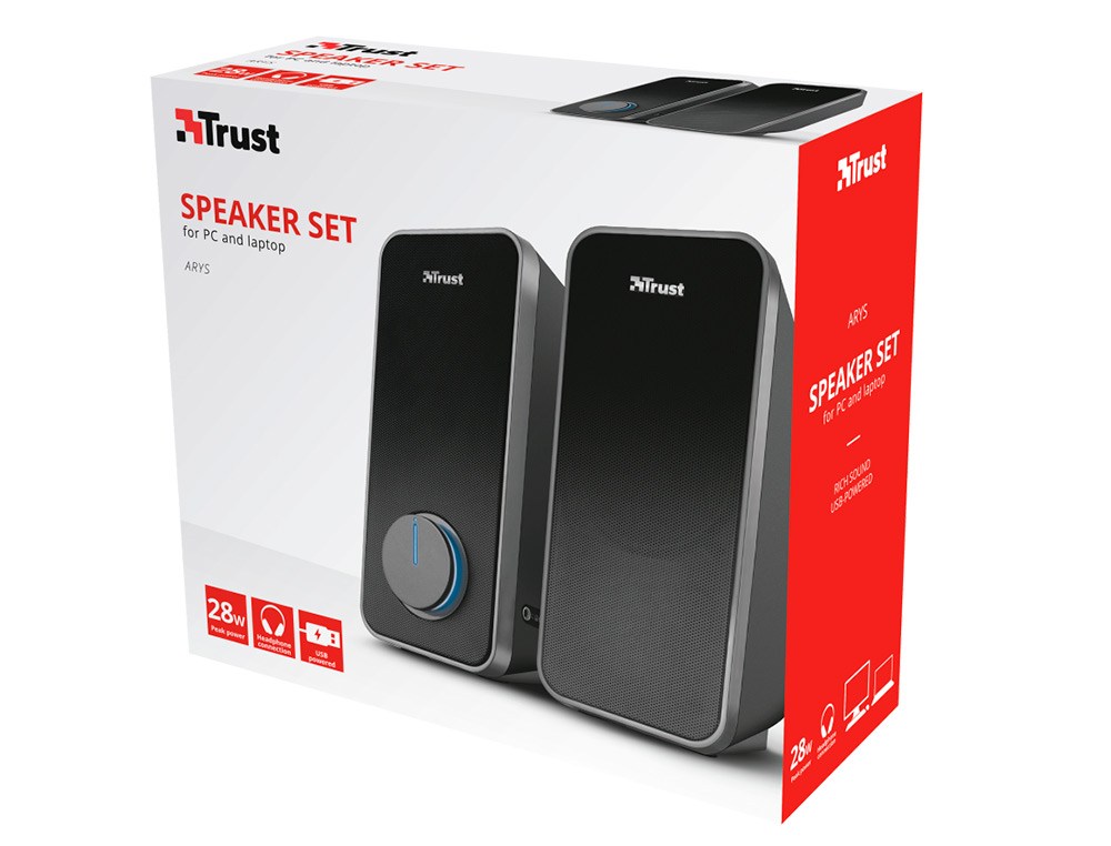 COLUNAS TRUST ARYS 2.0 POTENCIA MAX 28W CONTROLO DE VOLUME E CONEXAO AURICULARES USB COR PRETO