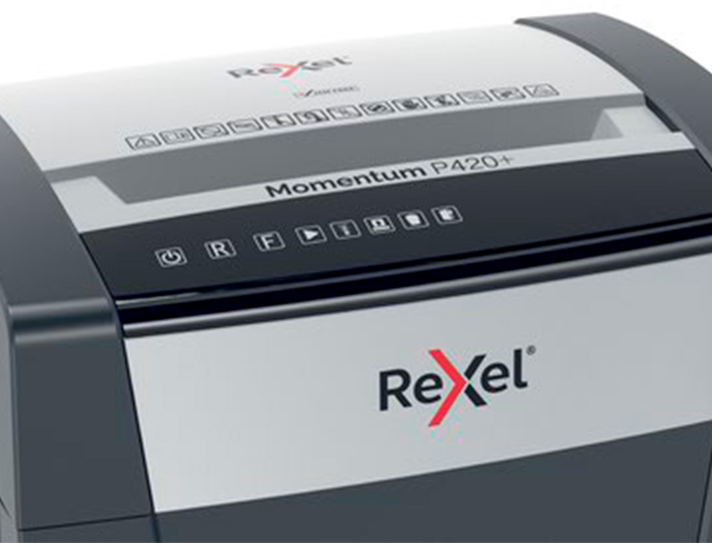 DESTRUIDORA DE DOCUMENTOS REXEL MOMENTUM EXTRA P420+ CAPACIDADE CORTE 20 F P4 DESTROI AGRAFES CLIPS CD E CARTOES 30 L