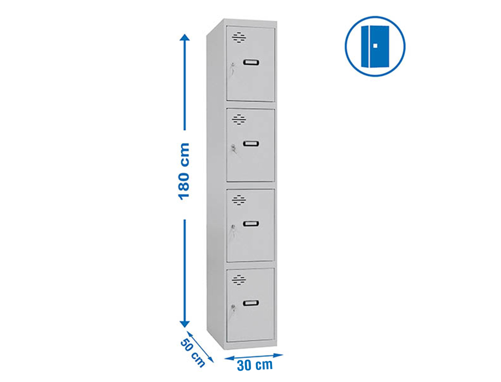 CACIFO METALICO SIMONLOCKER 4 PORTAS COM FECHADURA RESPIRO E CAIXILHO PARA ETIQUETAS CINZA/AZUL 1800X500X300 MM