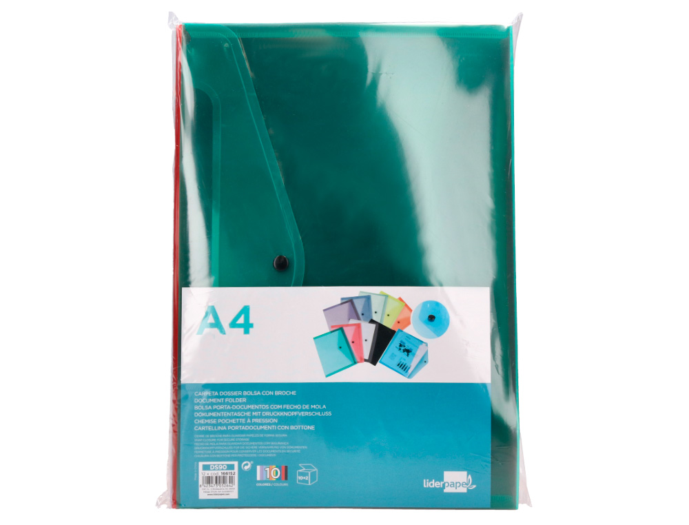 BOLSA PORTA DOCUMENTOS LIDERPAPEL COM MOLA DIN A4 TRANSPARENTE PACK DE 12 UNIDADES CORES SORTIDAS