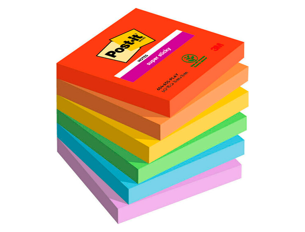 BLOCO DE NOTAS ADESIVAS POST-IT SUPER STICKY PLAYFUL 76X76 MM 90 FOLHAS 100% PEFC PACK DE 6 UNIDADES